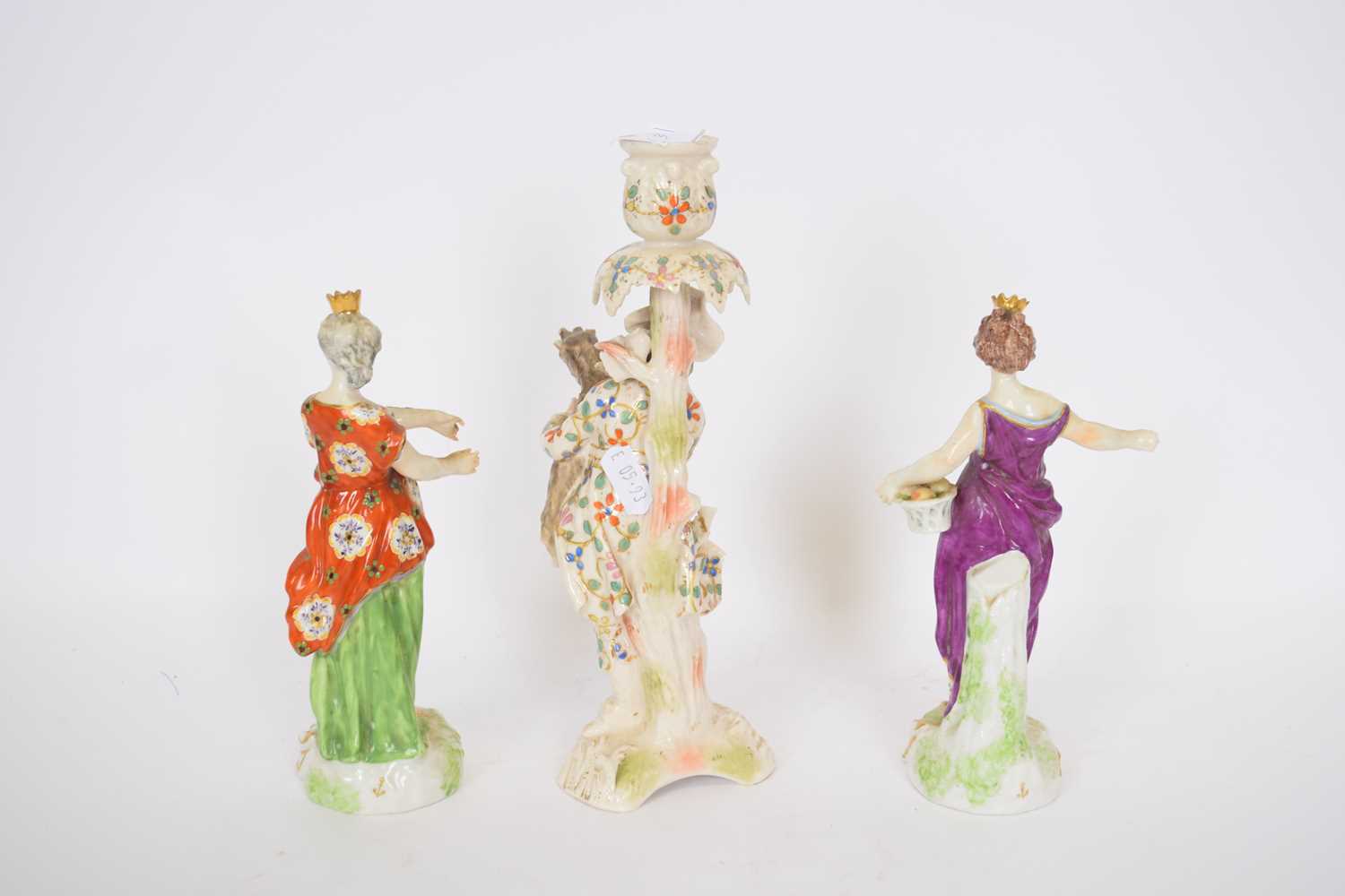 Continental porcelain candlestick of gentleman holding a goat and two Chelsea style figures (3) - Image 2 of 2