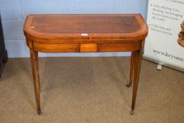 19th century faded rosewood and mahogany cross banded D-shaped card table of folding form with baize