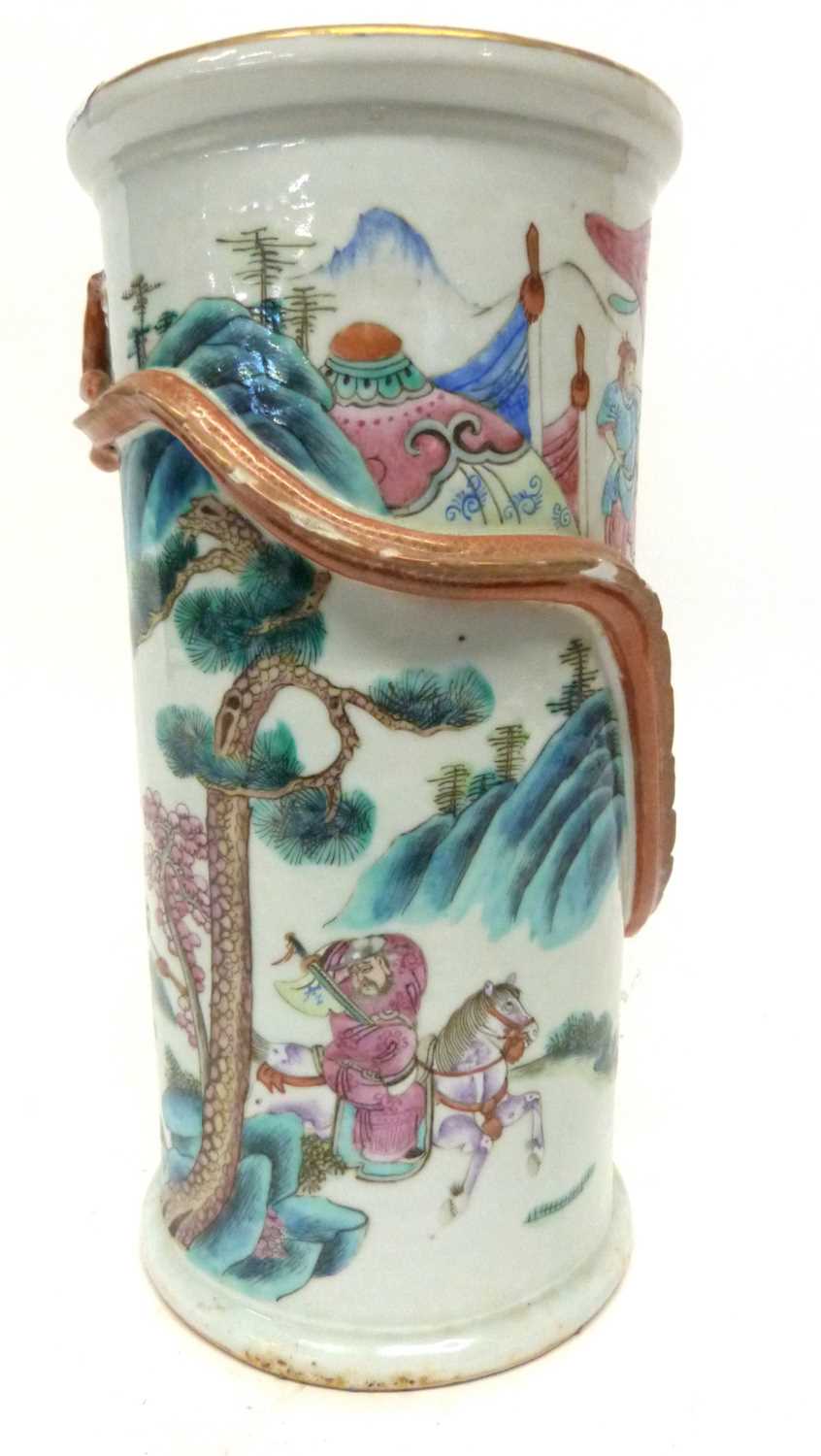 Late 19th century Chinese porcelain vase decorated with warriors with a dragon in relief circling - Image 8 of 12