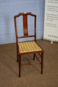 Small Edwardian mahogany framed side chair with striped upholstered seat