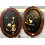 Pair of lacquer Japanese Shibayama type panels inset with mother of pearl and bone, formed in the
