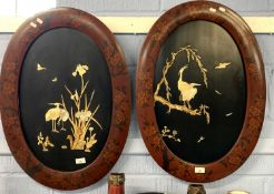 Pair of lacquer Japanese Shibayama type panels inset with mother of pearl and bone, formed in the