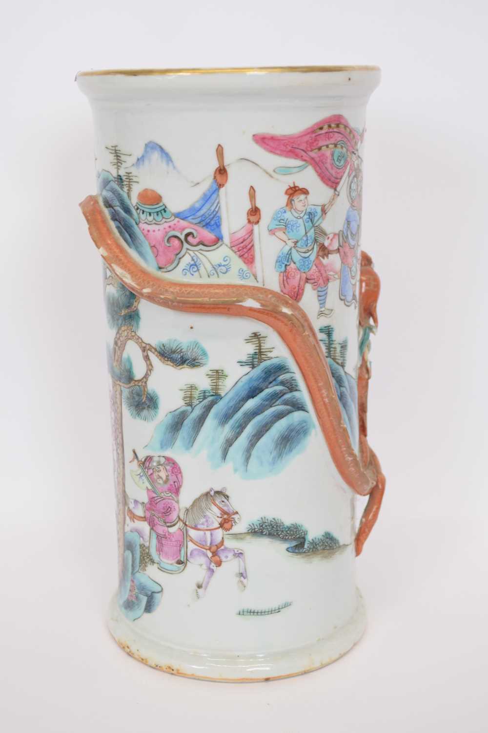 Late 19th century Chinese porcelain vase decorated with warriors with a dragon in relief circling - Image 4 of 12
