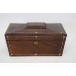 19th century rosewood and mother of pearl inlaid sarcophagus formed tea caddy with fitted