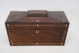 19th century rosewood and mother of pearl inlaid sarcophagus formed tea caddy with fitted