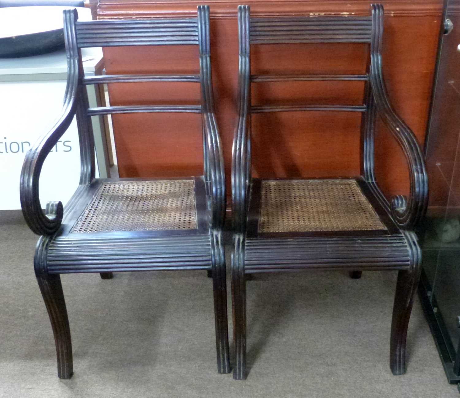 Pair of Georgian mahogany scroll arm chairs with cane seats and sabre type front legs decorated