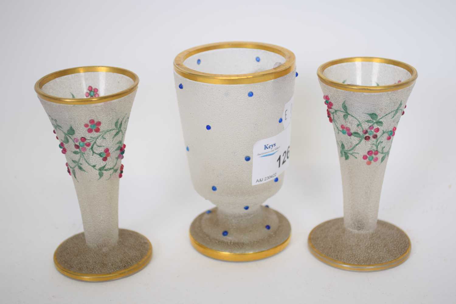 Pair of 19th century frosted glass vases with leaf and berry design, together with a further frosted - Image 2 of 3