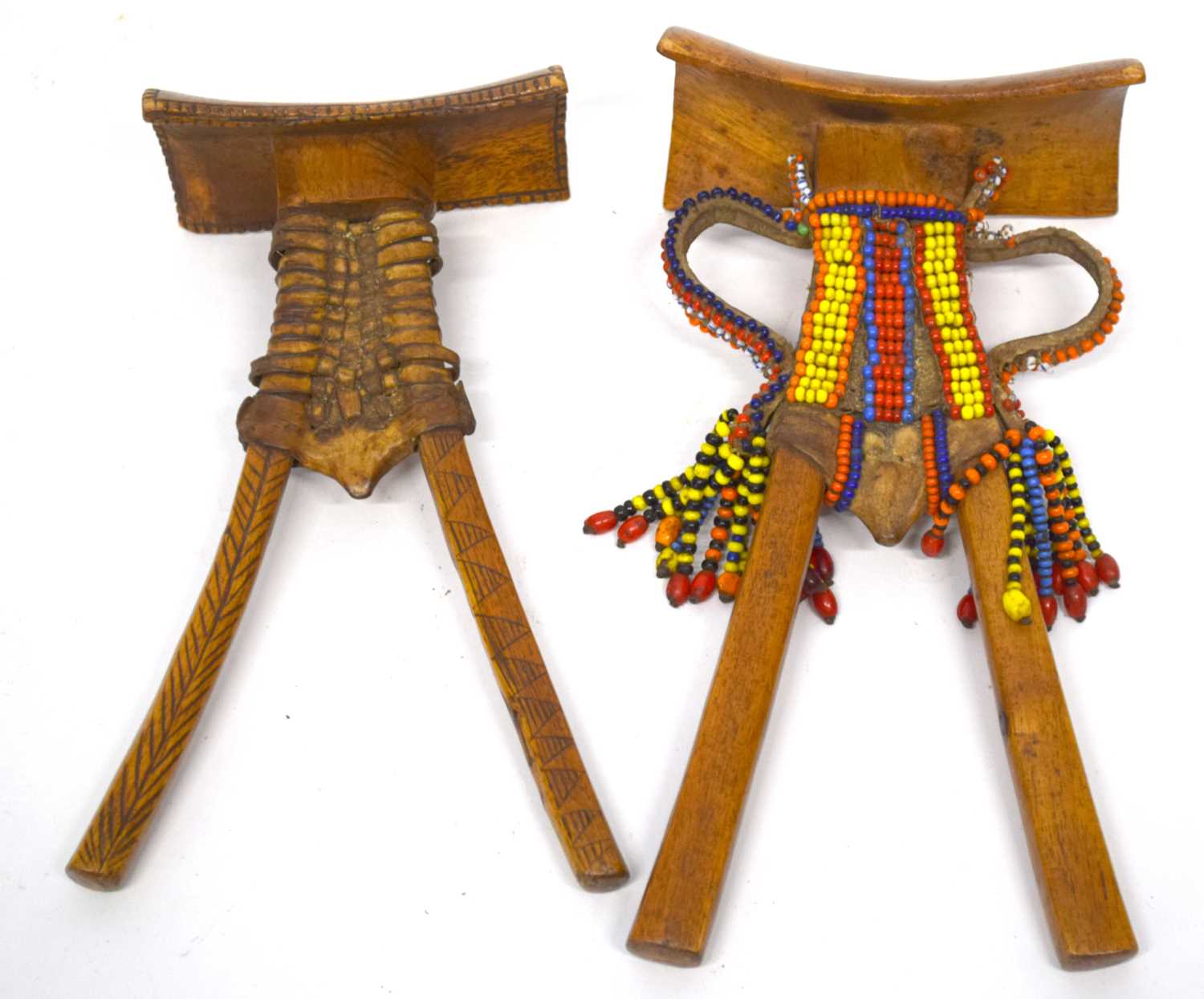 A Kenyan Pokot headrest with beaded decoration together with a similar plaited example (2) - Image 2 of 3