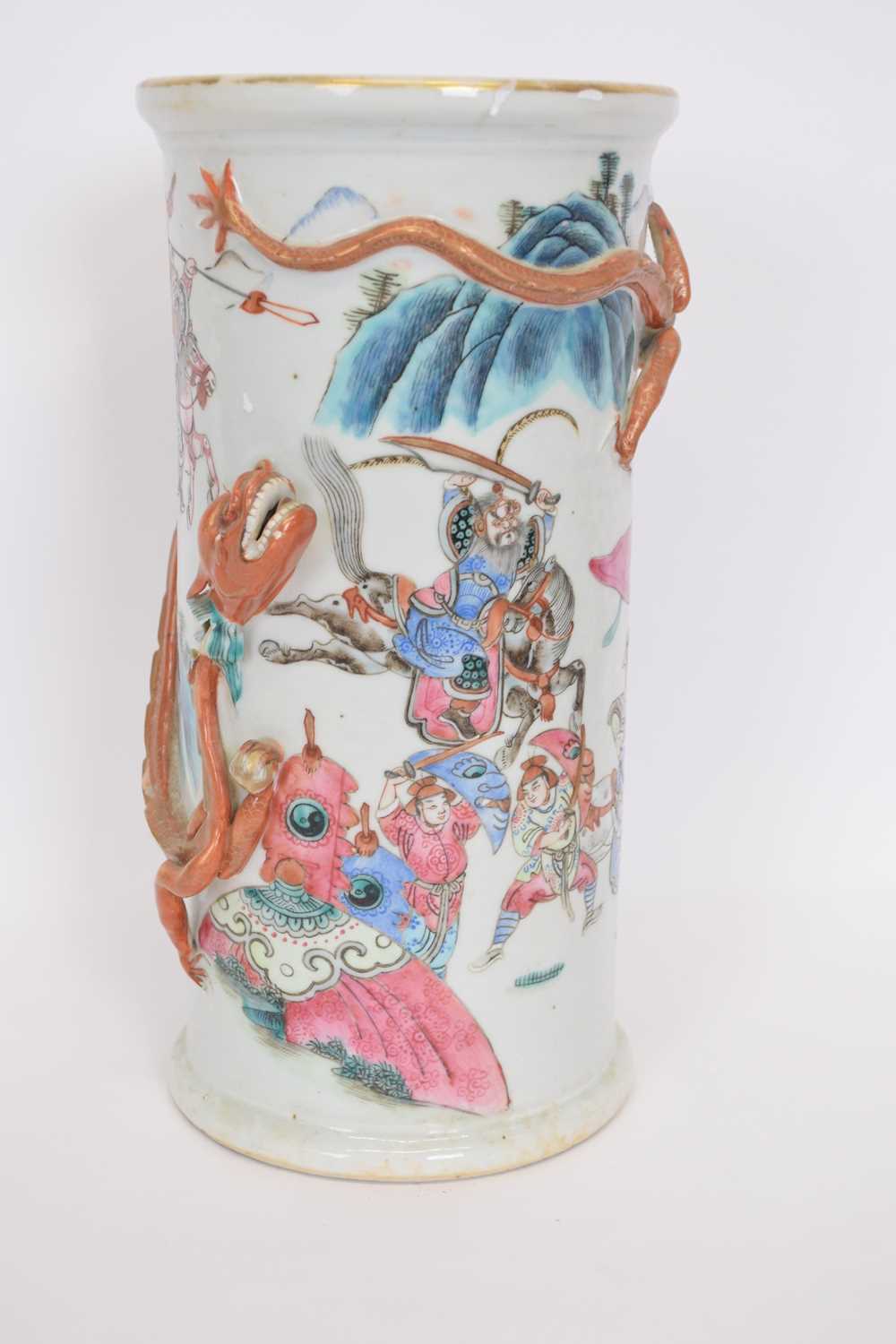 Late 19th century Chinese porcelain vase decorated with warriors with a dragon in relief circling