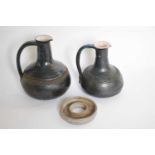 Pair of Studio pottery ewers and further small dish (3)