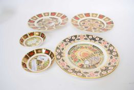 Quantity of Crown Derby wares including three large plates and two pin dishes with typical Imari