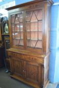 Late Victorian oak and mahogany inlaid bookcase cabinet, the top section with two glazed doors