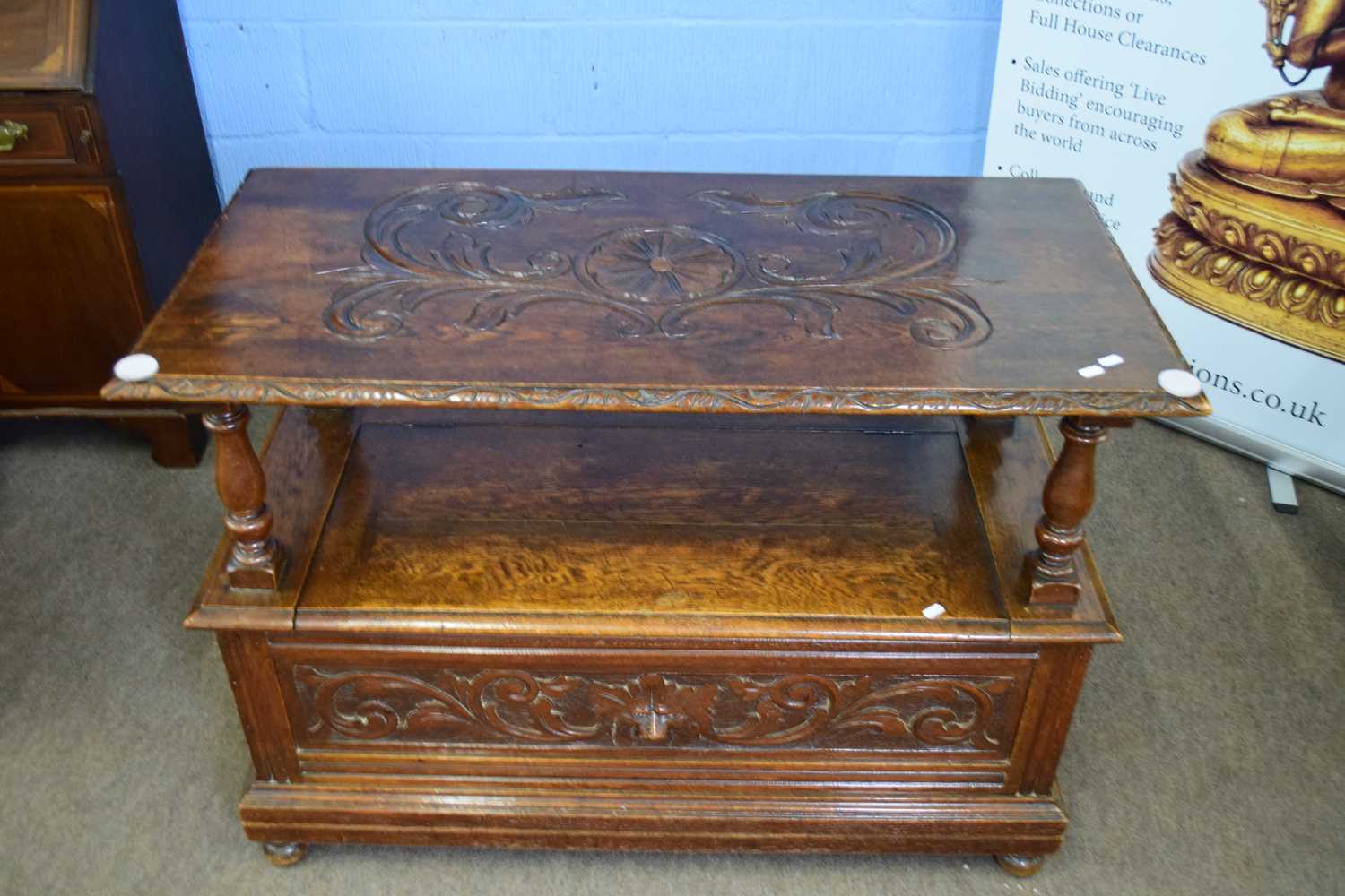 Late 19th century oak Gothic carved monks bench with flip top and storage base, 104cm wide - Image 4 of 4