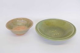 Group of Chinese pottery items including a Chinese pottery dish and a green glazed Song type bowl