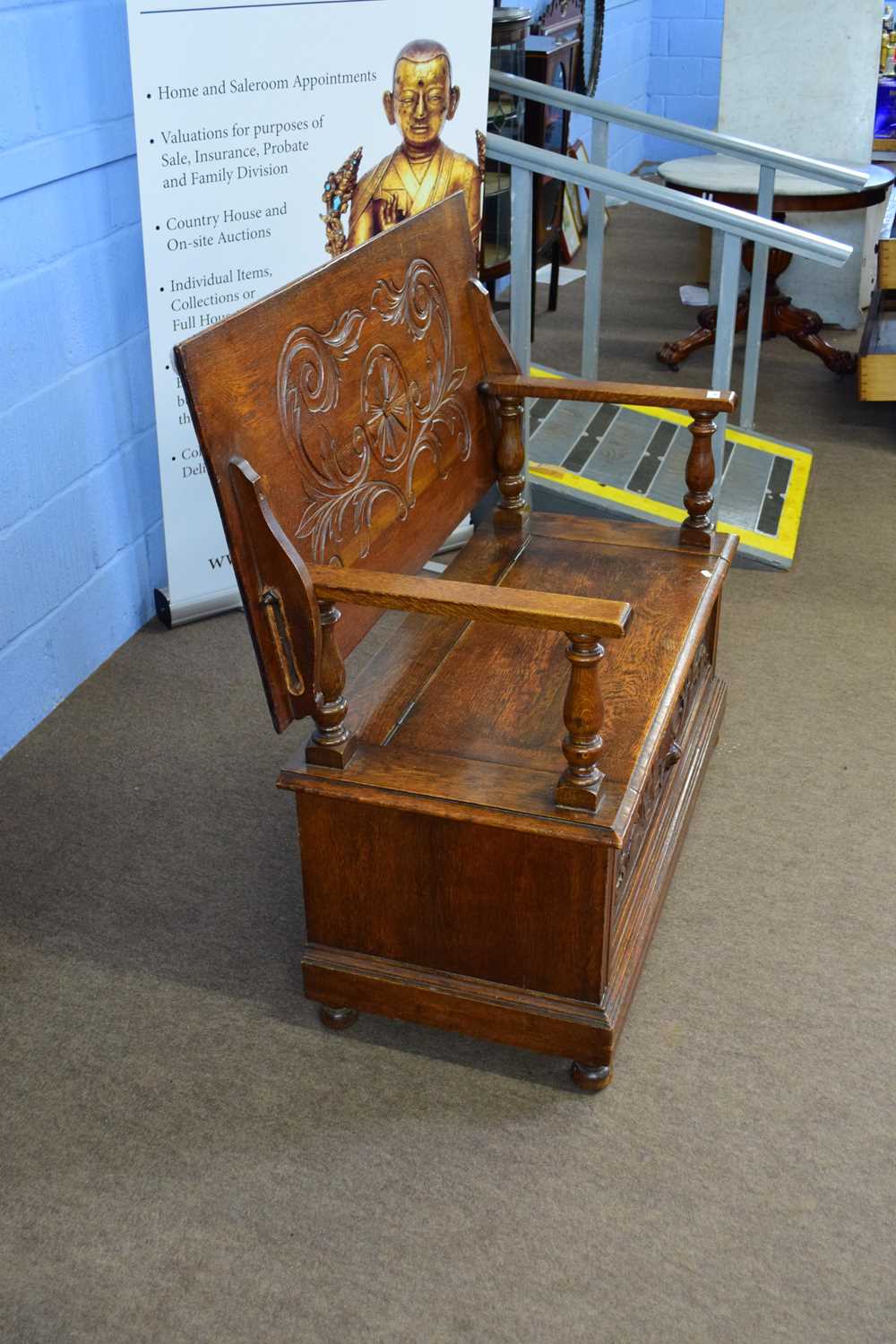 Late 19th century oak Gothic carved monks bench with flip top and storage base, 104cm wide - Image 2 of 4