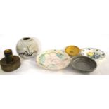 Group of Studio pottery wares and a pottery Delft style dish comprising an Studio pottery bowl