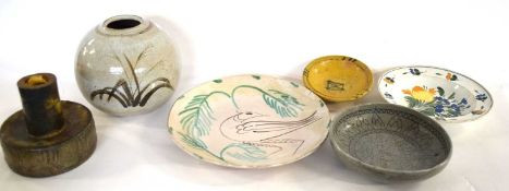 Group of Studio pottery wares and a pottery Delft style dish comprising an Studio pottery bowl