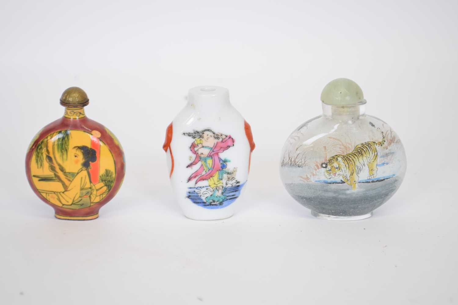 Small bag containing three Chinese scent bottles including a porcelain example with polychrome - Image 2 of 2