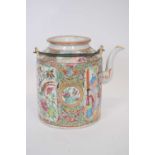 Late 19th century Cantonese porcelain kettle, decorated in typical fashion with alternating panels