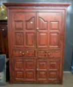 Large 18th century and later Irish polychrome painted cupboard with double doors opening to a fitted