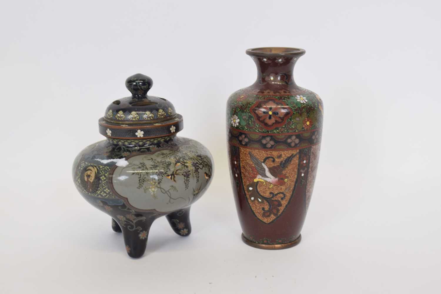 Small Japanese Meiji period cloisonne incense burner with panels of decoration of birds together - Image 3 of 11