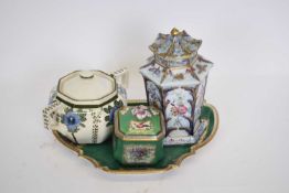 Group of ceramics comprising a Booth's Worcester style green ground inkwell and cover with exotic