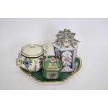 Group of ceramics comprising a Booth's Worcester style green ground inkwell and cover with exotic