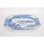 Chinese porcelain dish with blue and white design of a river scene, 39cm long (rim chips)