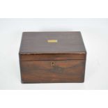 19th century small rosewood veneered sewing box of hinged rectangular form with a fitted interior,