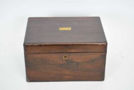 19th century small rosewood veneered sewing box of hinged rectangular form with a fitted interior,