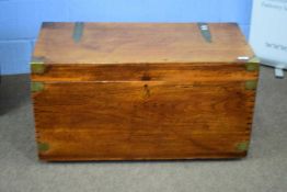 19th century hardwood trunk with brass bindings and swan neck handles to side, 91cm wide