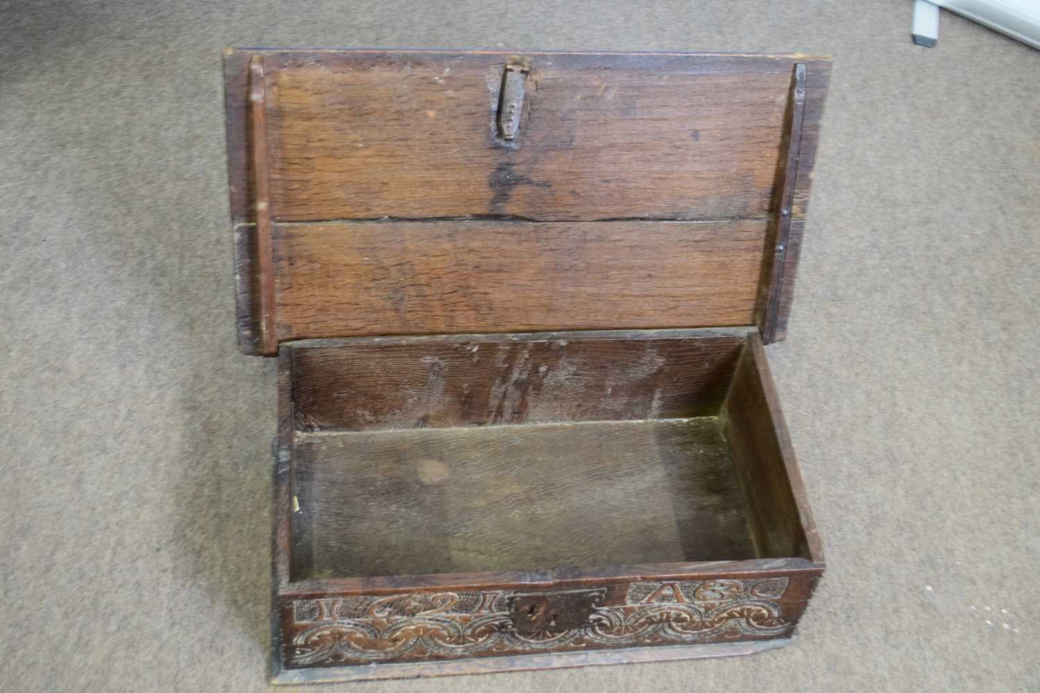 17th century oak Bible box of hinged rectangular form, the front with carved decoration and dated - Image 2 of 2