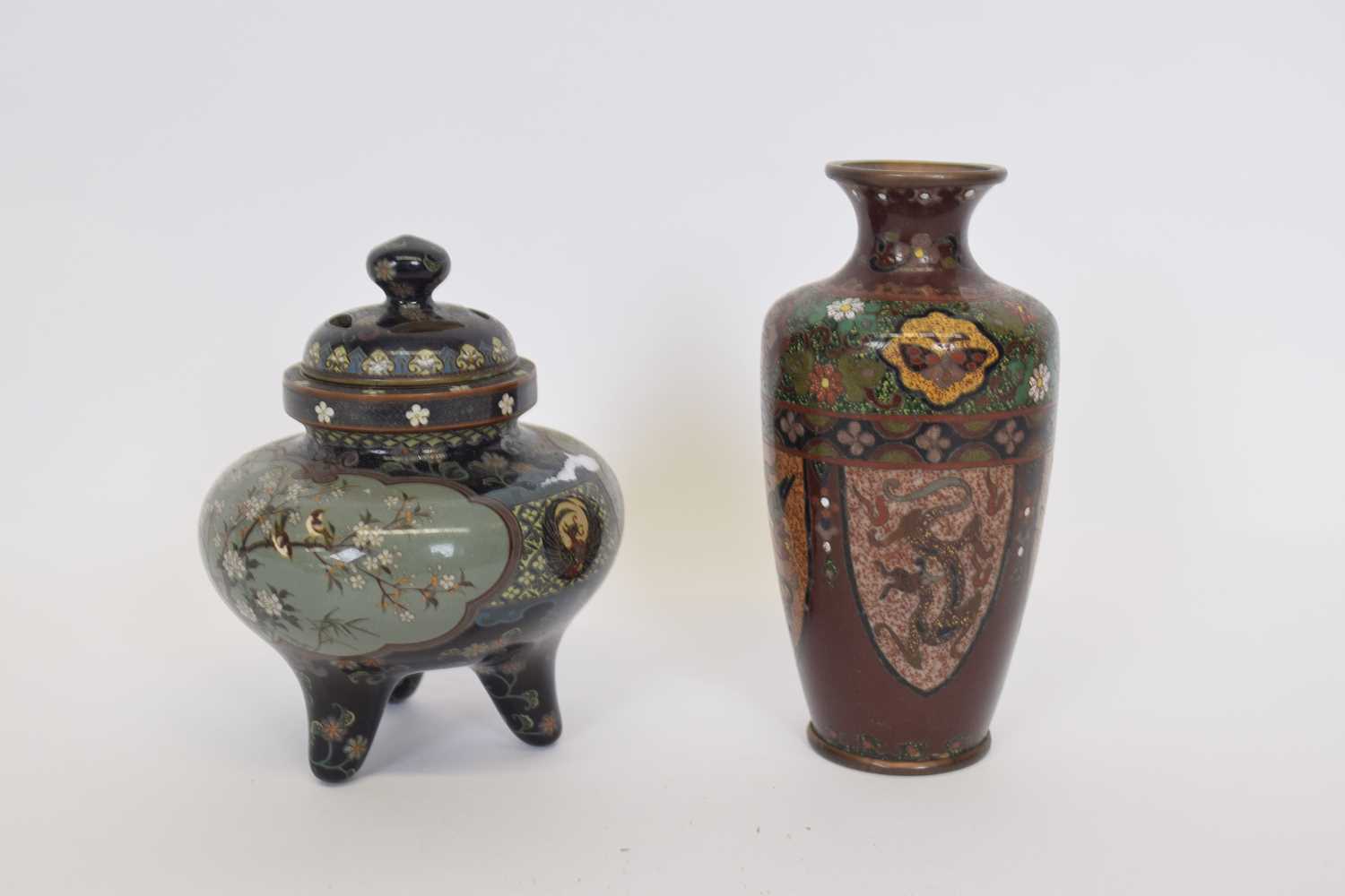 Small Japanese Meiji period cloisonne incense burner with panels of decoration of birds together