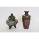 Small Japanese Meiji period cloisonne incense burner with panels of decoration of birds together