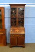 Edwardian mahogany and inlaid bureau bookcase cabinet with astragal glazed top section over a base