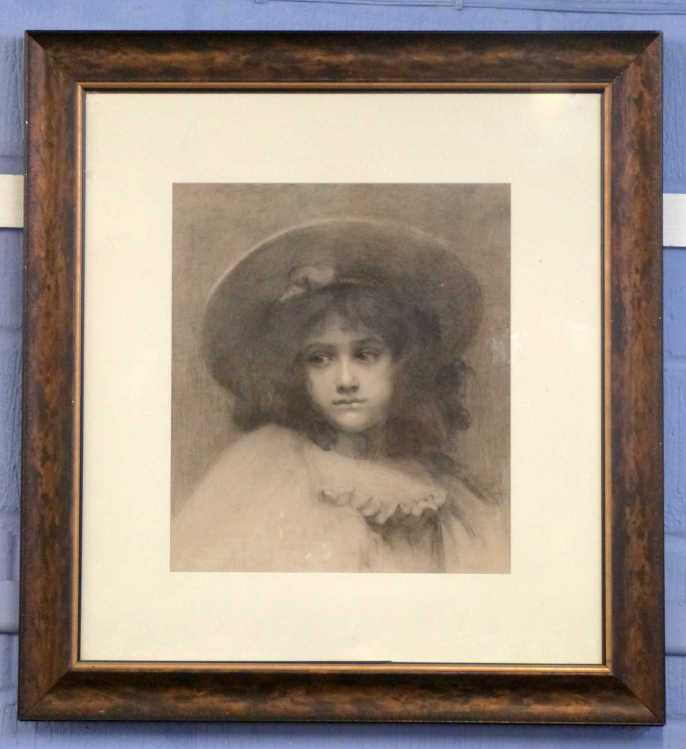 20th century School, portrait of a young girl in wide brimmed hat, charcoal, unsigned, f/g - Image 2 of 2