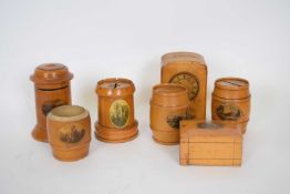 Quantity of Mauchline ware items including money box with Free Church Stranraer, further money box