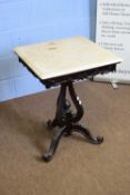Victorian occasional table with square grey marbled top over an ebonised column with scroll tripod