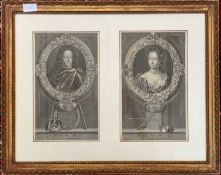 18th Century, Engraving, William and Mary, Circa 1750, pair on one frame each 18 x 30cm