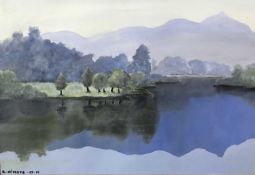 R. Nimetz, Contemporary, "At Dawn", lake landscape with trees and mountain range in the distance,