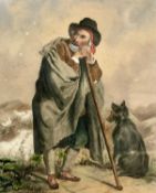 Late 19th/Early 20th Century, Shepherd leaning on his staff next to a dog and sheep, watercolour,