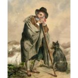 Late 19th/Early 20th Century, Shepherd leaning on his staff next to a dog and sheep, watercolour,