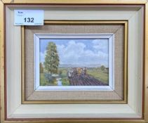 British School, 20th Century, landscape and ploughman scene, oil on board, 4x7 ins, framed.