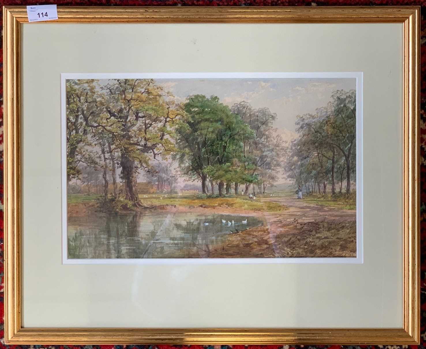 Thomas Pyne, signed watercolour, Duck pond and figures on a path 38 X 24 CM