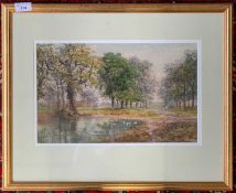 Thomas Pyne, signed watercolour, Duck pond and figures on a path 38 X 24 CM