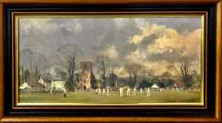 British Contemporary, "Opening Match", Village cricket match with parish church beyond, oil on