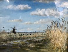 British School, 20th Century, Landscape of a windmill on Halvergate Marsh, Acle, Norfolk, oil on