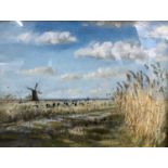 British School, 20th Century, Landscape of a windmill on Halvergate Marsh, Acle, Norfolk, oil on