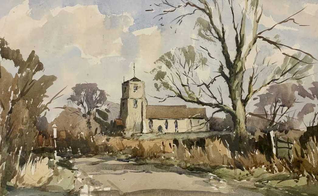 Edward George Wood (British, 20th Century), A Surrey Church, circa 1970s, watercolour on paper,