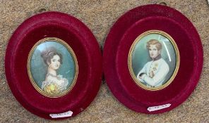 Two oval miniature portraits, enamel on board, signed Demarl, red velvet frames and inner gilt, each